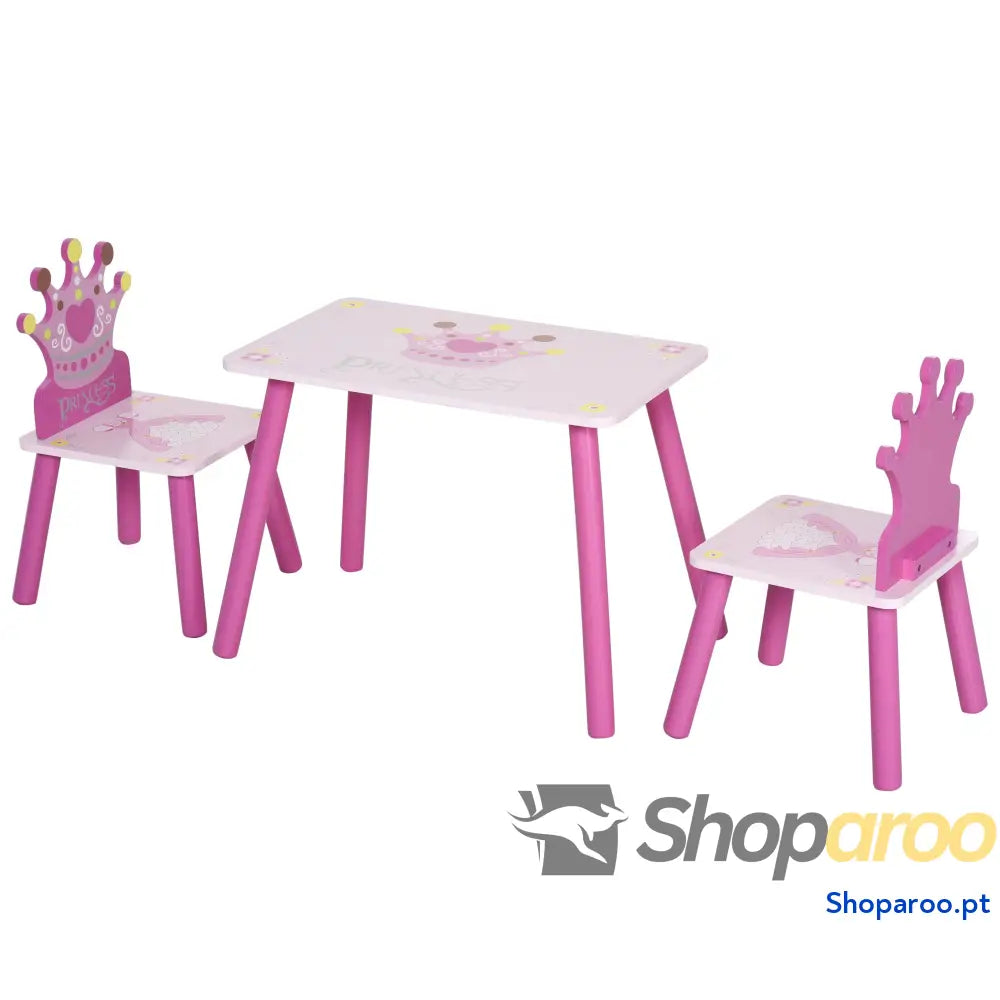 Conjunto de Mesa e 2 Cadeiras Infantis madeira para crianças acima anos Set 55x34x42cm 28x26x50cm Rosa