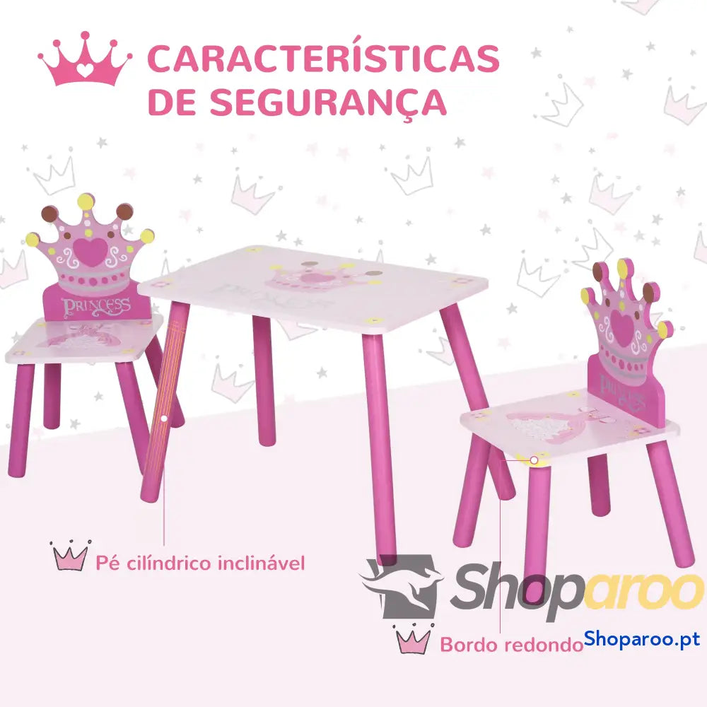 Conjunto de Mesa e 2 Cadeiras Infantis madeira para crianças acima anos Set 55x34x42cm 28x26x50cm Rosa