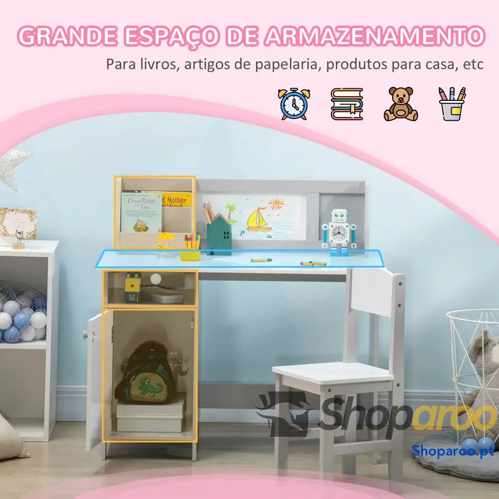 Conjunto de Mesa e Cadeira Infantil Madeira com Quadro Branco Estudo para Crianças acima 5 Anos 90x45x85cm Cinza