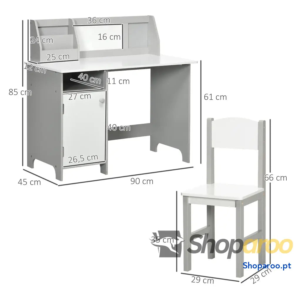 Conjunto de Mesa e Cadeira Infantil Madeira com Quadro Branco Estudo para Crianças acima 5 Anos 90x45x85cm Cinza