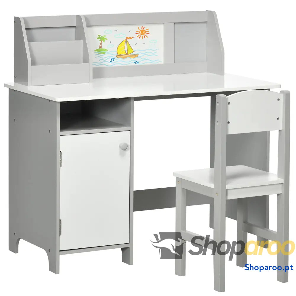 Conjunto de Mesa e Cadeira Infantil Madeira com Quadro Branco Estudo para Crianças acima 5 Anos 90x45x85cm Cinza