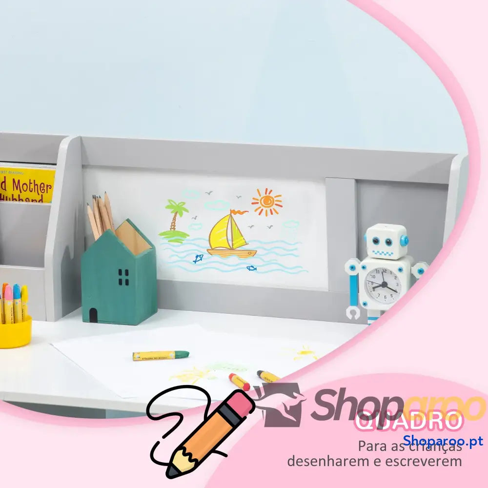 Conjunto de Mesa e Cadeira Infantil Madeira com Quadro Branco Estudo para Crianças acima 5 Anos 90x45x85cm Cinza