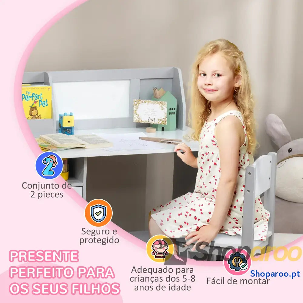 Conjunto de Mesa e Cadeira Infantil Madeira com Quadro Branco Estudo para Crianças acima 5 Anos 90x45x85cm Cinza