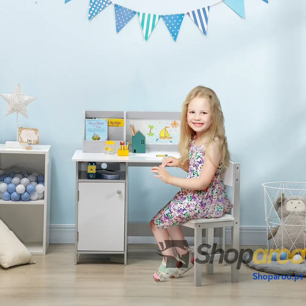 Conjunto de Mesa e Cadeira Infantil Madeira com Quadro Branco Estudo para Crianças acima 5 Anos 90x45x85cm Cinza