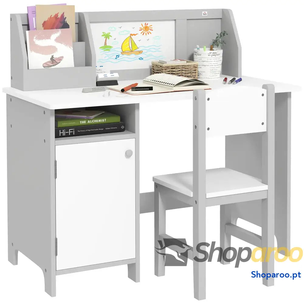 Conjunto de Mesa e Cadeira Infantil Madeira com Quadro Branco Estudo para Crianças acima 5 Anos 90x45x85cm Cinza