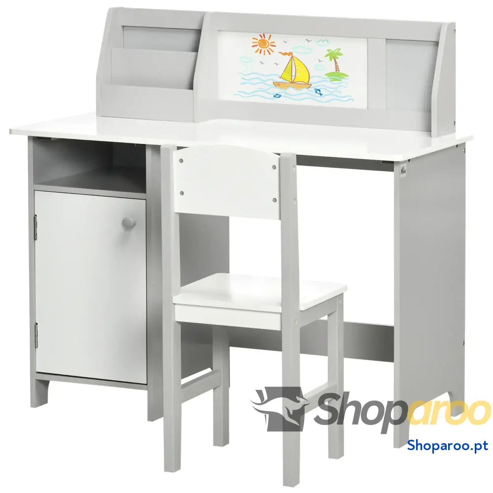 Conjunto de Mesa e Cadeira Infantil Madeira com Quadro Branco Estudo para Crianças acima 5 Anos 90x45x85cm Cinza