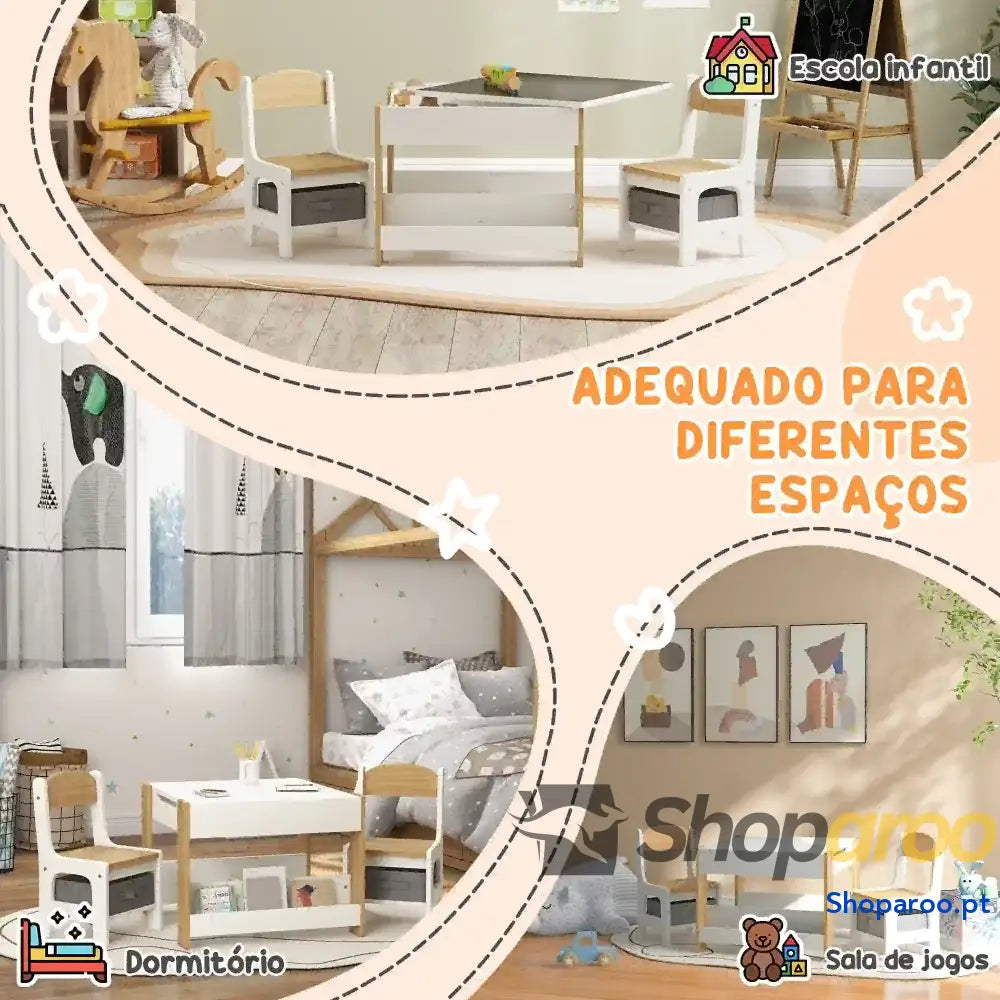 Conjunto de Mesa e Cadeiras Infantis com Ardósia Arrumação Cinza