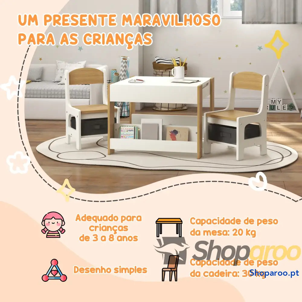 Conjunto de Mesa e Cadeiras Infantis com Ardósia Arrumação Cinza