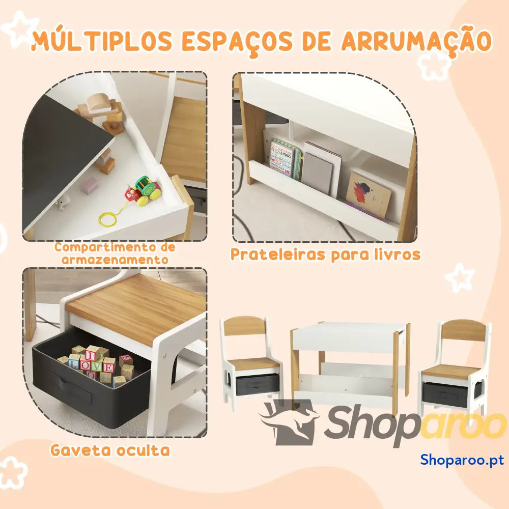 Conjunto de Mesa e Cadeiras Infantis com Ardósia Arrumação Cinza