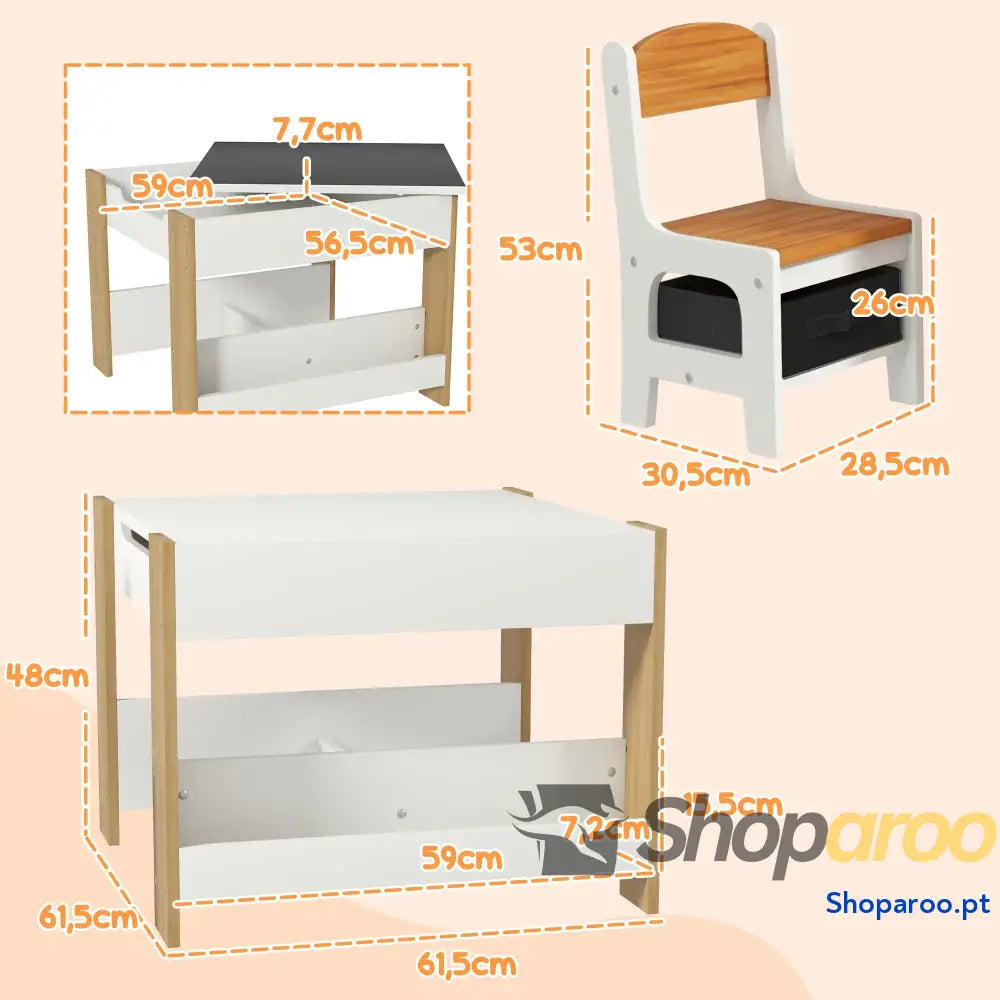 Conjunto de Mesa e Cadeiras Infantis com Ardósia Arrumação Cinza