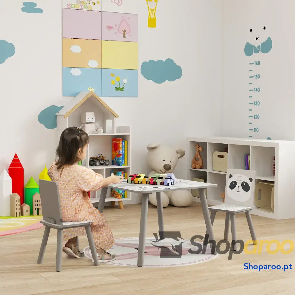 Conjunto de Mesa e Cadeiras para Crianças 3 Peças Infantil com 2 Móveis Atividades Cinza