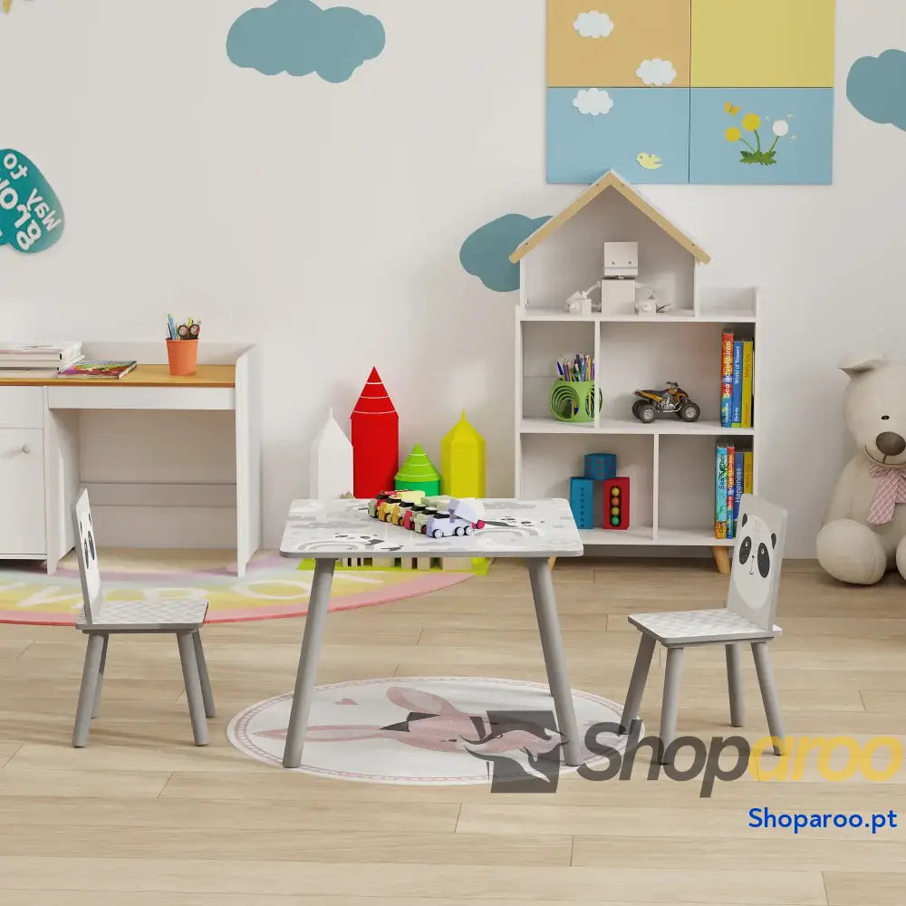 Conjunto de Mesa e Cadeiras para Crianças 3 Peças Infantil com 2 Móveis Atividades Cinza