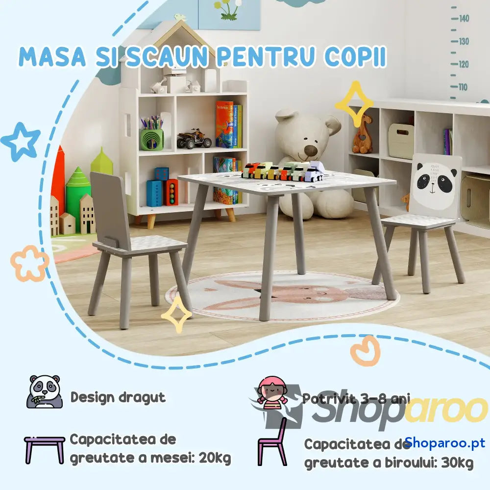 Conjunto de Mesa e Cadeiras para Crianças 3 Peças Infantil com 2 Móveis Atividades Cinza