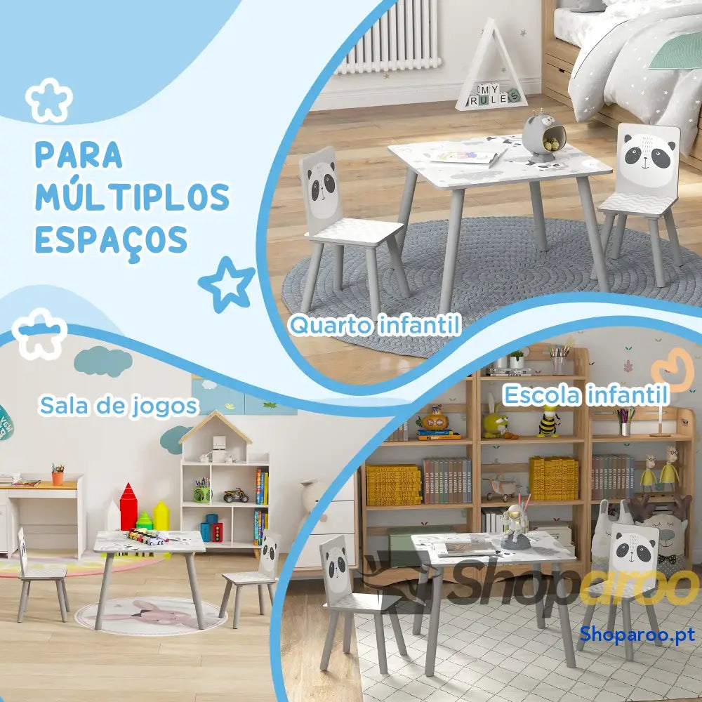Conjunto de Mesa e Cadeiras para Crianças 3 Peças Infantil com 2 Móveis Atividades Cinza