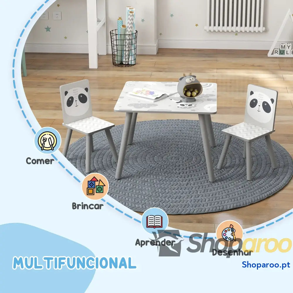 Conjunto de Mesa e Cadeiras para Crianças 3 Peças Infantil com 2 Móveis Atividades Cinza