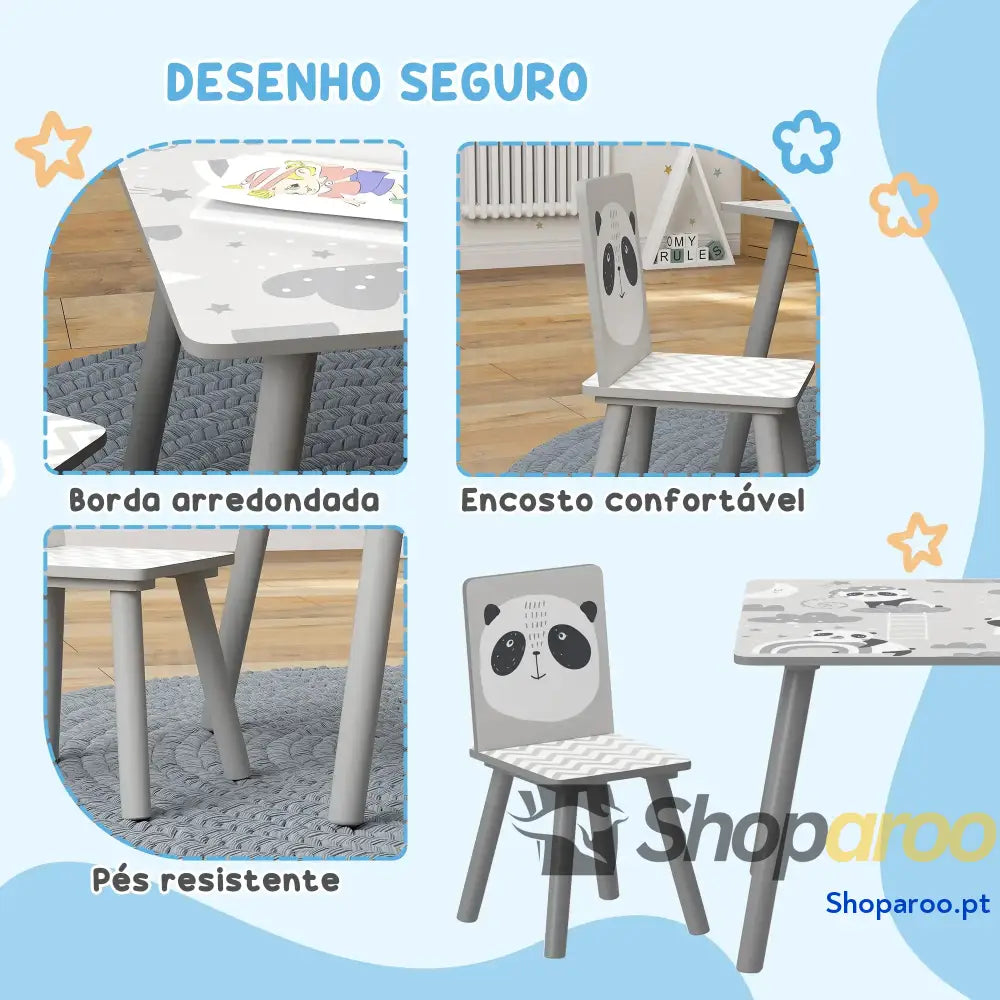 Conjunto de Mesa e Cadeiras para Crianças 3 Peças Infantil com 2 Móveis Atividades Cinza