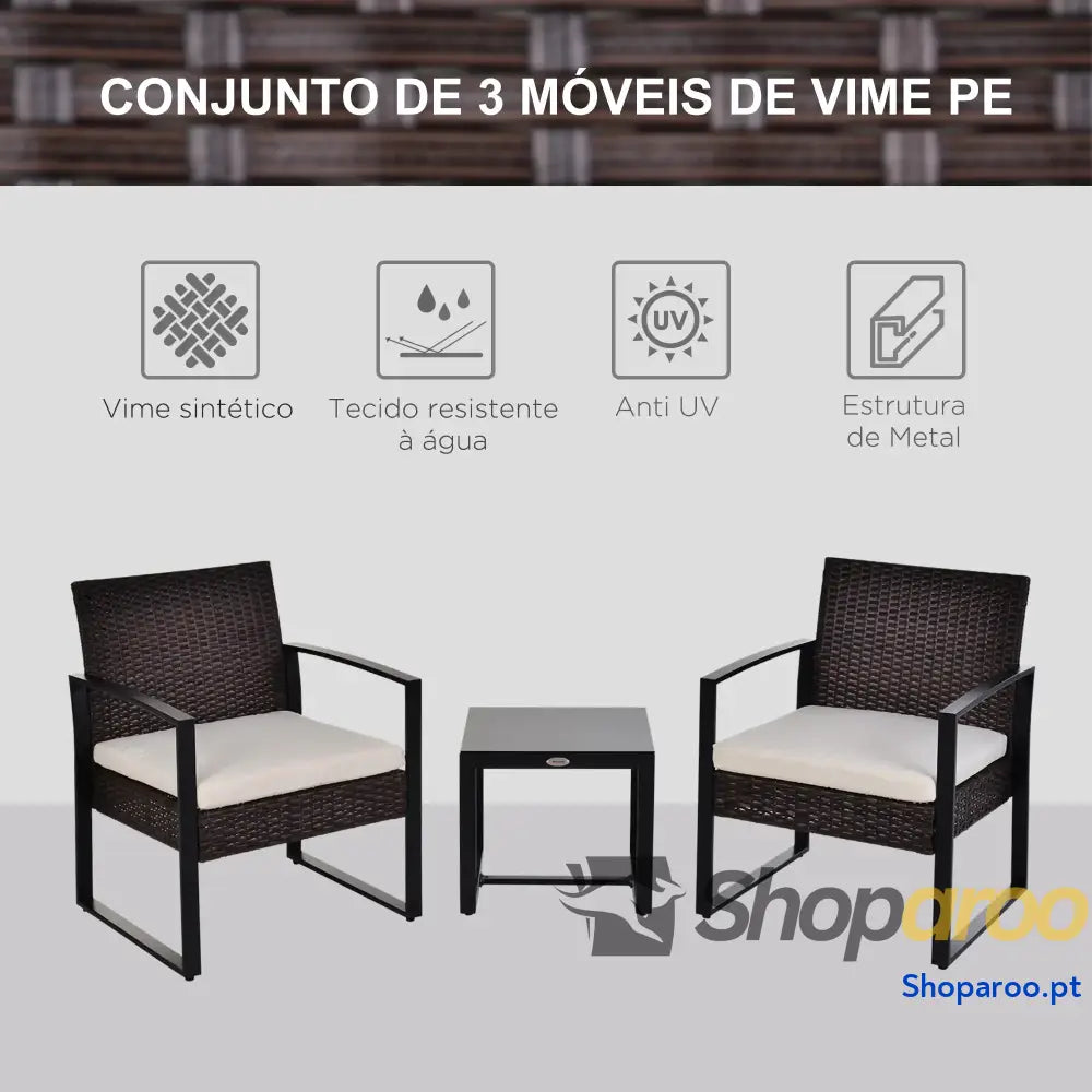 Conjunto de Móveis Jardim Vime 3 Peças com 1 Mesa 42,5x40x39 cm 2 Poltronas 63x57x76 Almofada Acolchoada para Pátio