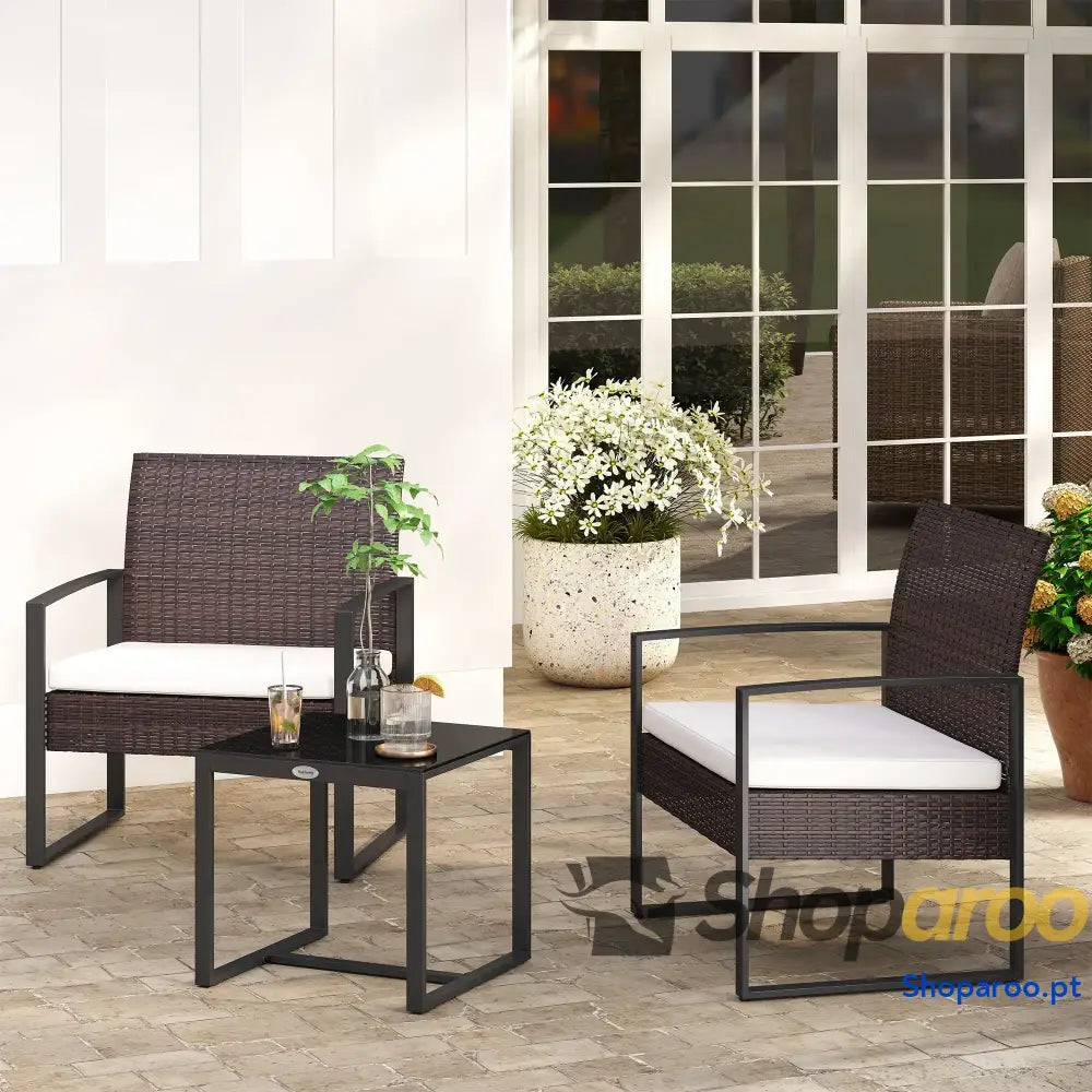 Conjunto de Móveis Jardim Vime 3 Peças com 1 Mesa 42,5x40x39 cm 2 Poltronas 63x57x76 Almofada Acolchoada para Pátio