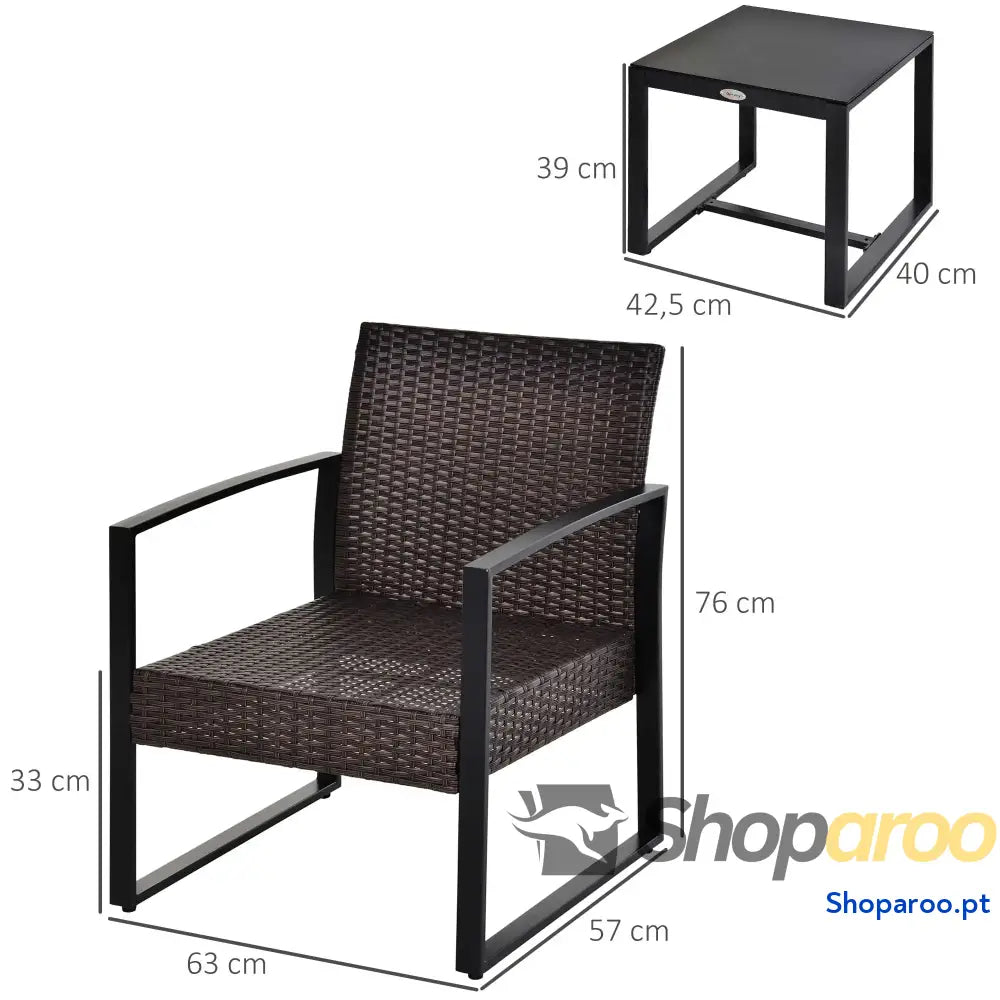 Conjunto de Móveis Jardim Vime 3 Peças com 1 Mesa 42,5x40x39 cm 2 Poltronas 63x57x76 Almofada Acolchoada para Pátio