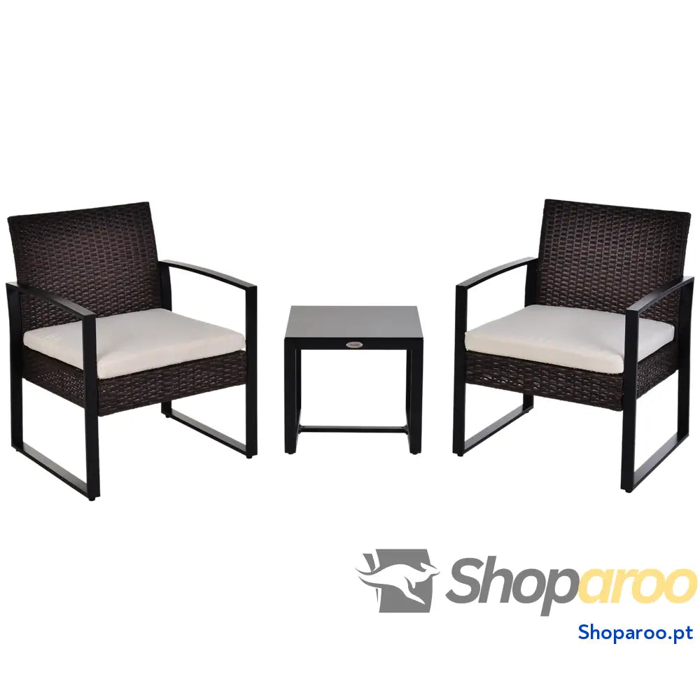 Conjunto de Móveis Jardim Vime 3 Peças com 1 Mesa 42,5x40x39 cm 2 Poltronas 63x57x76 Almofada Acolchoada para Pátio