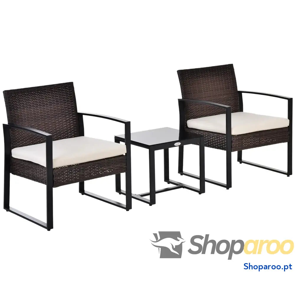 Conjunto de Móveis Jardim Vime 3 Peças com 1 Mesa 42,5x40x39 cm 2 Poltronas 63x57x76 Almofada Acolchoada para Pátio