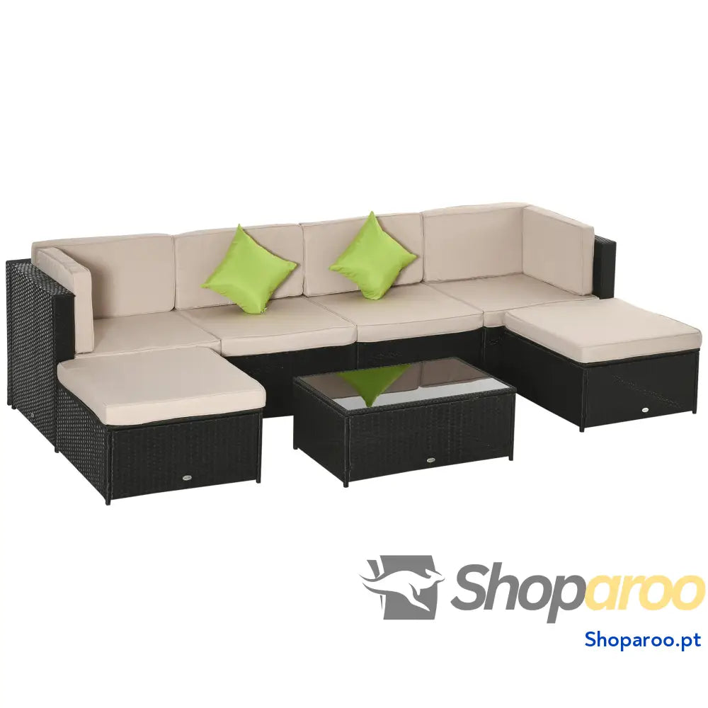 Conjunto de Móveis Jardim Vime PE 7 Peças Mesa Sofás Bancos com Almofadas Laváveis Preto Areia e Verde