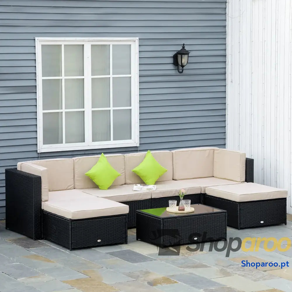 Conjunto de Móveis Jardim Vime PE 7 Peças Mesa Sofás Bancos com Almofadas Laváveis Preto Areia e Verde