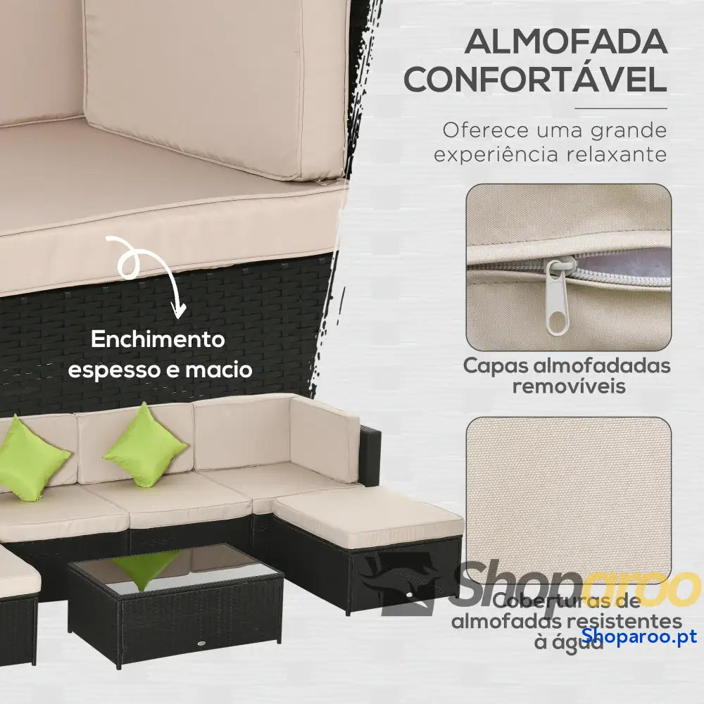 Conjunto de Móveis Jardim Vime PE 7 Peças Mesa Sofás Bancos com Almofadas Laváveis Preto Areia e Verde