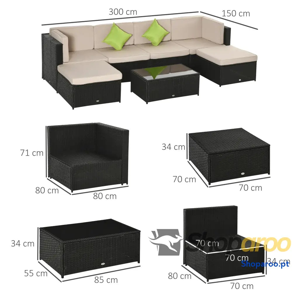 Conjunto de Móveis Jardim Vime PE 7 Peças Mesa Sofás Bancos com Almofadas Laváveis Preto Areia e Verde