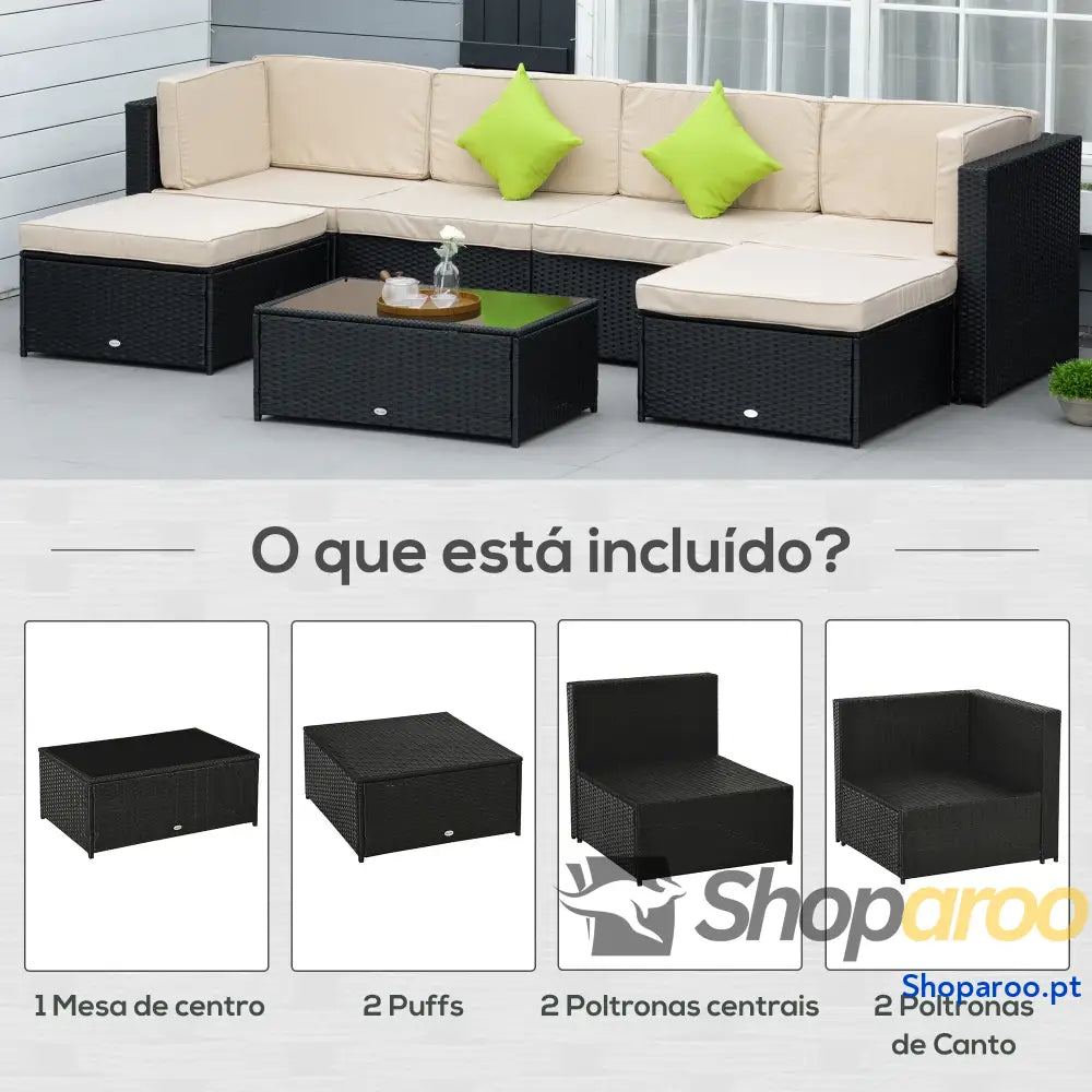 Conjunto de Móveis Jardim Vime PE 7 Peças Mesa Sofás Bancos com Almofadas Laváveis Preto Areia e Verde