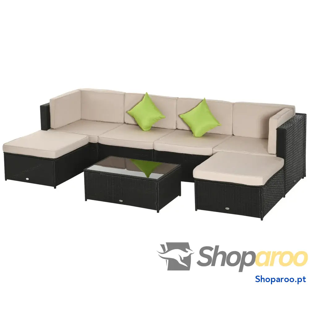 Conjunto de Móveis Jardim Vime PE 7 Peças Mesa Sofás Bancos com Almofadas Laváveis Preto Areia e Verde