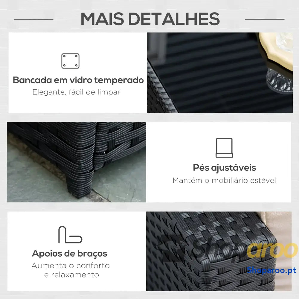 Conjunto de Móveis Jardim Vime PE 7 Peças Mesa Sofás Bancos com Almofadas Laváveis Preto Areia e Verde