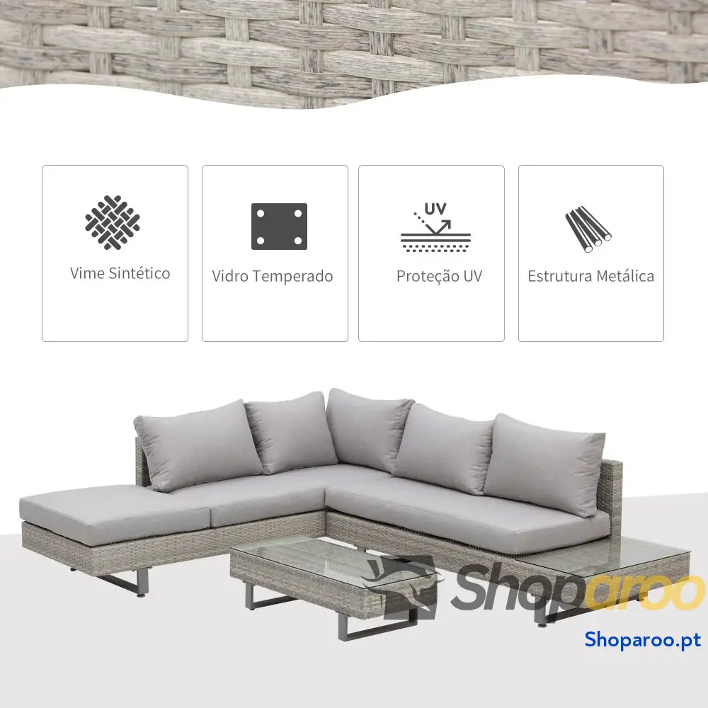 Conjunto de Móveis Vime 3 Peças Mesa Centro Sofá Duplo e Lugares para Terraço Jardim Pátio Cinza