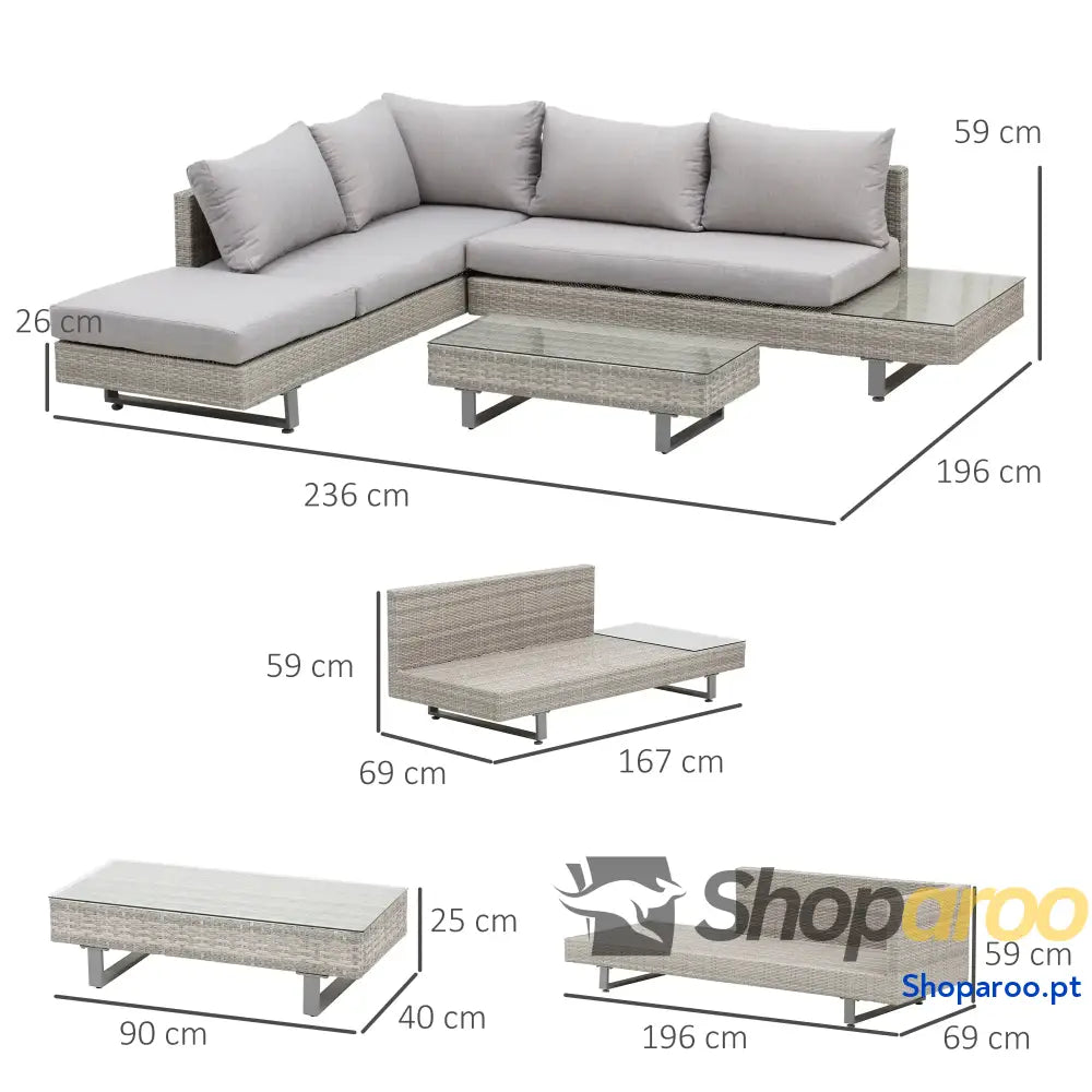 Conjunto de Móveis Vime 3 Peças Mesa Centro Sofá Duplo e Lugares para Terraço Jardim Pátio Cinza