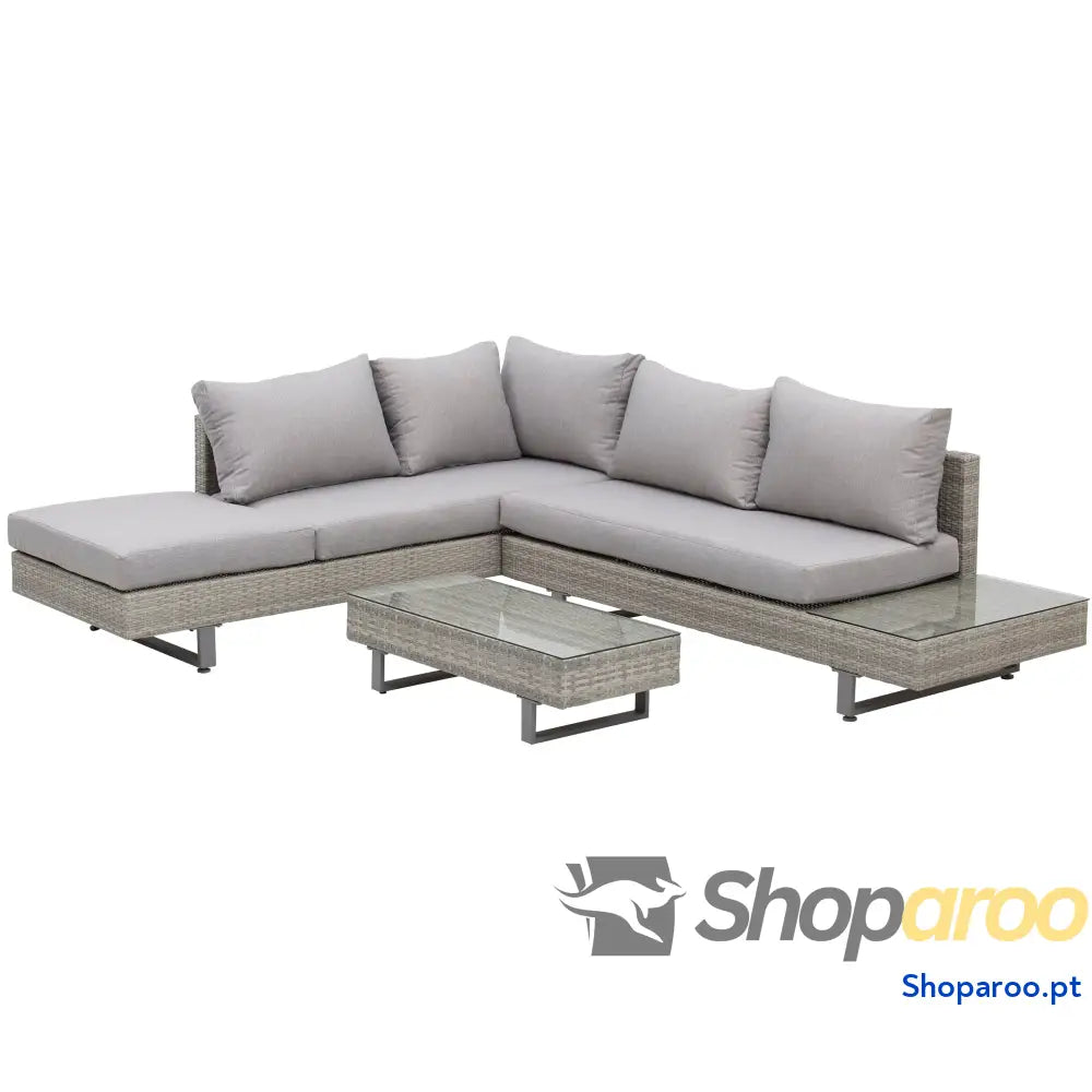 Conjunto de Móveis Vime 3 Peças Mesa Centro Sofá Duplo e Lugares para Terraço Jardim Pátio Cinza
