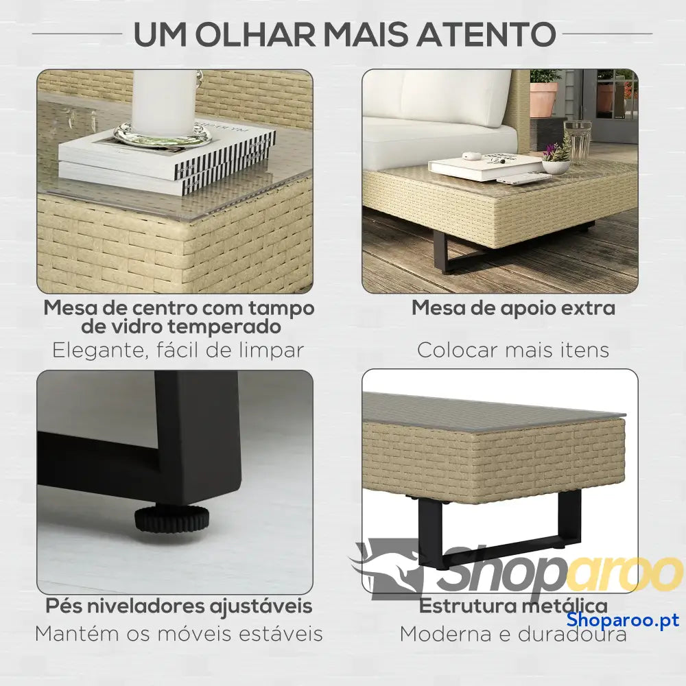 Conjunto de Móveis Vime 3 Peças Mesa Centro Sofá Duplo e Lugares para Terraço Jardim Pátio Bege