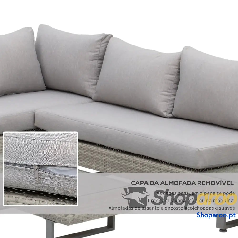 Conjunto de Móveis Vime 3 Peças Mesa Centro Sofá Duplo e Lugares para Terraço Jardim Pátio Cinza