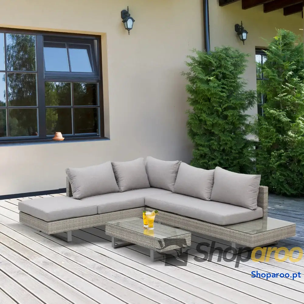 Conjunto de Móveis Vime 3 Peças Mesa Centro Sofá Duplo e Lugares para Terraço Jardim Pátio Cinza