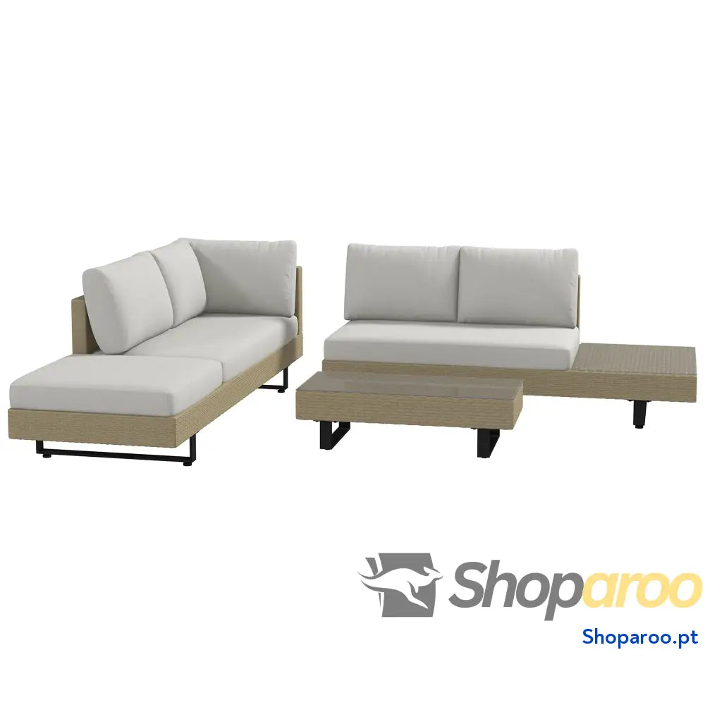 Conjunto de Móveis Vime 3 Peças Mesa Centro Sofá Duplo e Lugares para Terraço Jardim Pátio Bege