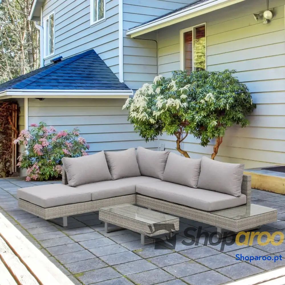 Conjunto de Móveis Vime 3 Peças Mesa Centro Sofá Duplo e Lugares para Terraço Jardim Pátio Cinza