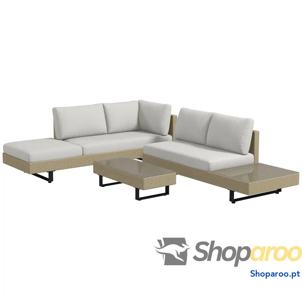 Conjunto de Móveis Vime 3 Peças Mesa Centro Sofá Duplo e Lugares para Terraço Jardim Pátio Bege