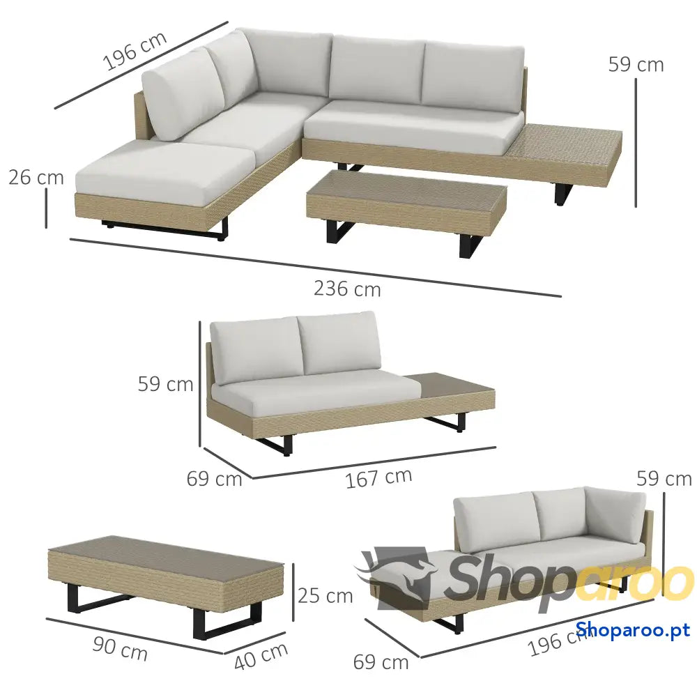 Conjunto de Móveis Vime 3 Peças Mesa Centro Sofá Duplo e Lugares para Terraço Jardim Pátio Bege