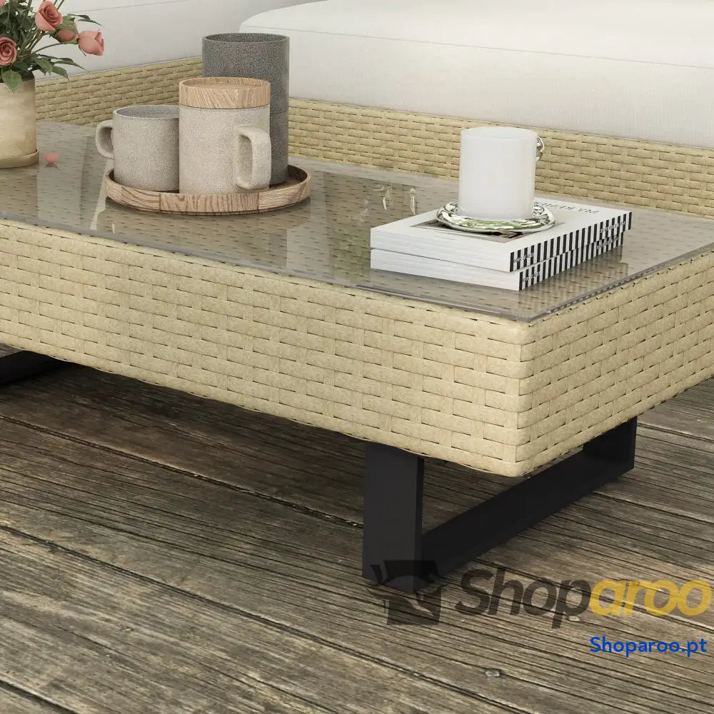 Conjunto de Móveis Vime 3 Peças Mesa Centro Sofá Duplo e Lugares para Terraço Jardim Pátio Bege