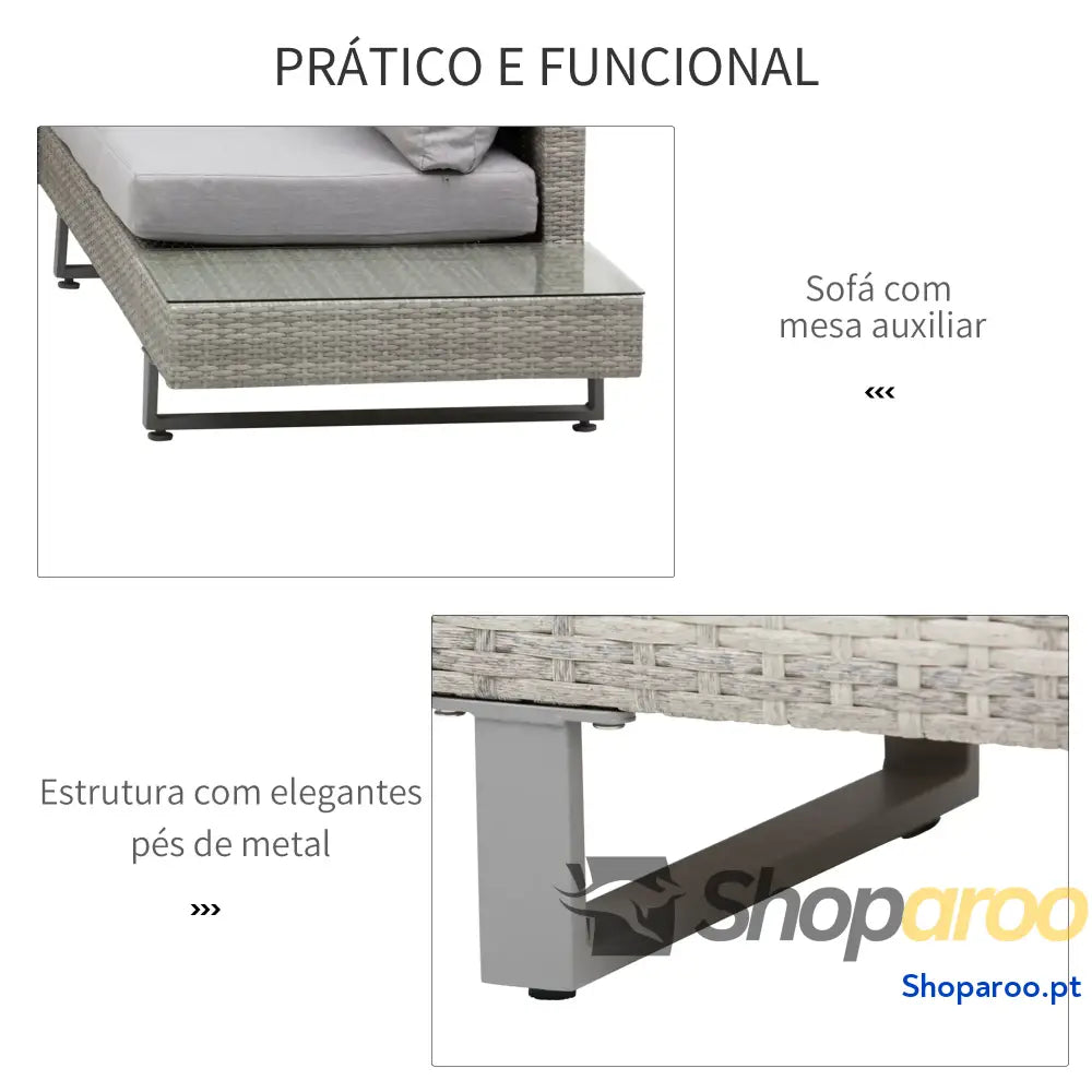 Conjunto de Móveis Vime 3 Peças Mesa Centro Sofá Duplo e Lugares para Terraço Jardim Pátio Cinza