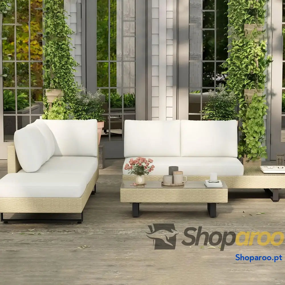 Conjunto de Móveis Vime 3 Peças Mesa Centro Sofá Duplo e Lugares para Terraço Jardim Pátio Bege