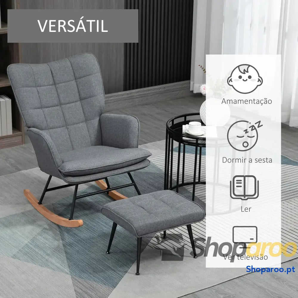 Conjunto de Poltrona Baloiço com Apoio para os Pés Relax Almofada Acolchoada e Anti-Tombo 64x89x90 cm Cinza
