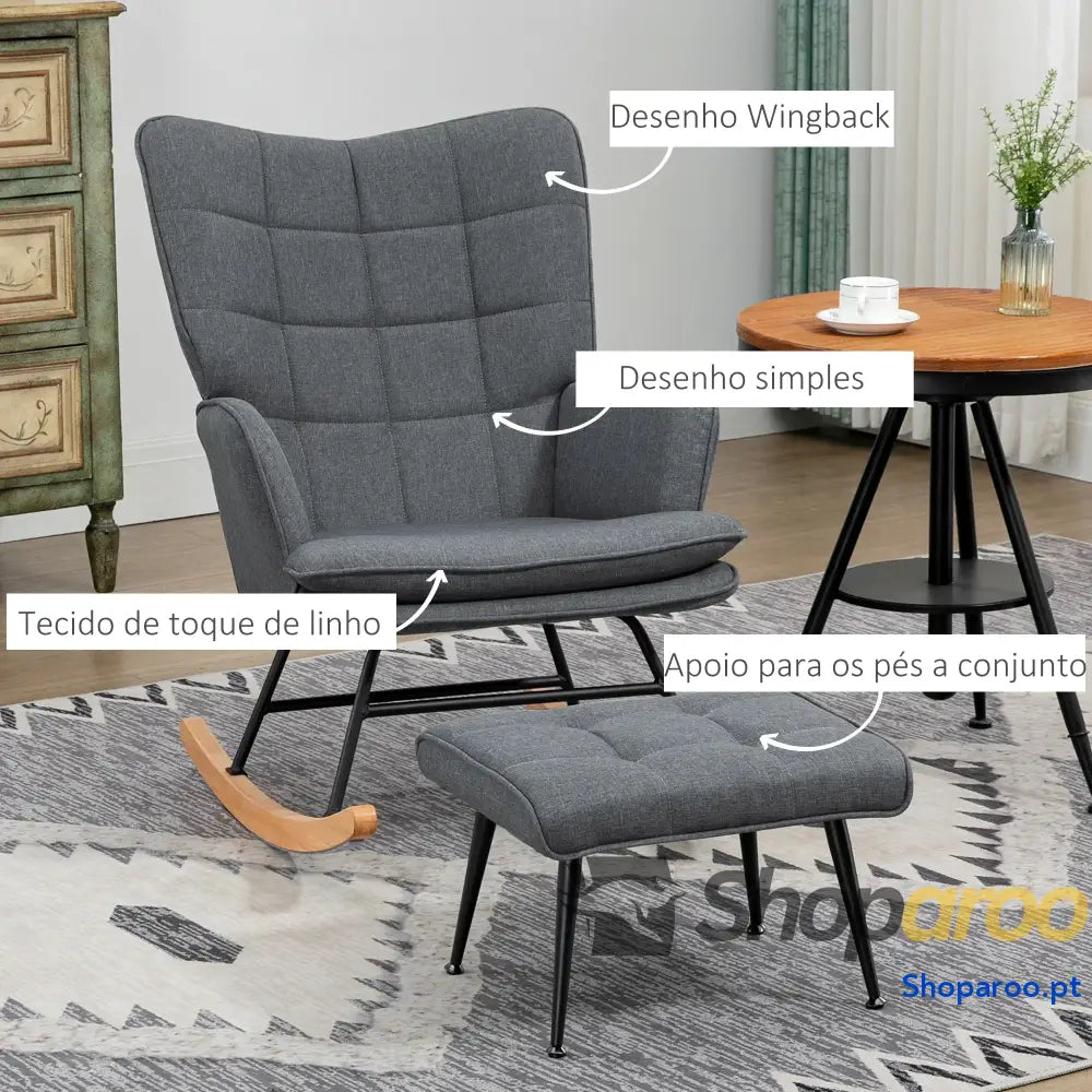 Conjunto de Poltrona Baloiço com Apoio para os Pés Relax Almofada Acolchoada e Anti-Tombo 64x89x90 cm Cinza