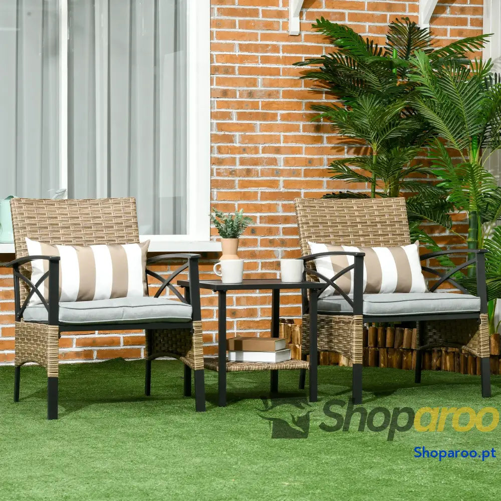 Conjunto de Poltronas e Mesa Centro Vime com Almofadas Acolchoadas Estrutura Aço 46x46x48cm 59x71x80cm Marrom Claro
