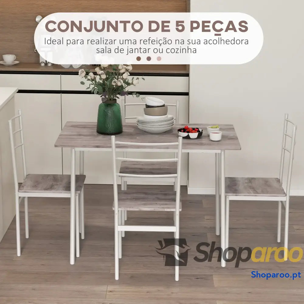 Conjunto de Refeição 5 Peças Mesa e 4 Cadeiras para Pessoas com Estrutura Aço 110x70x75 cm Madeira Branco