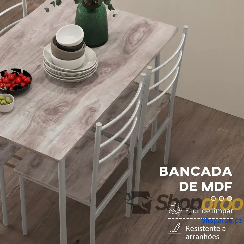 Conjunto de Refeição 5 Peças Mesa e 4 Cadeiras para Pessoas com Estrutura Aço 110x70x75 cm Madeira Branco